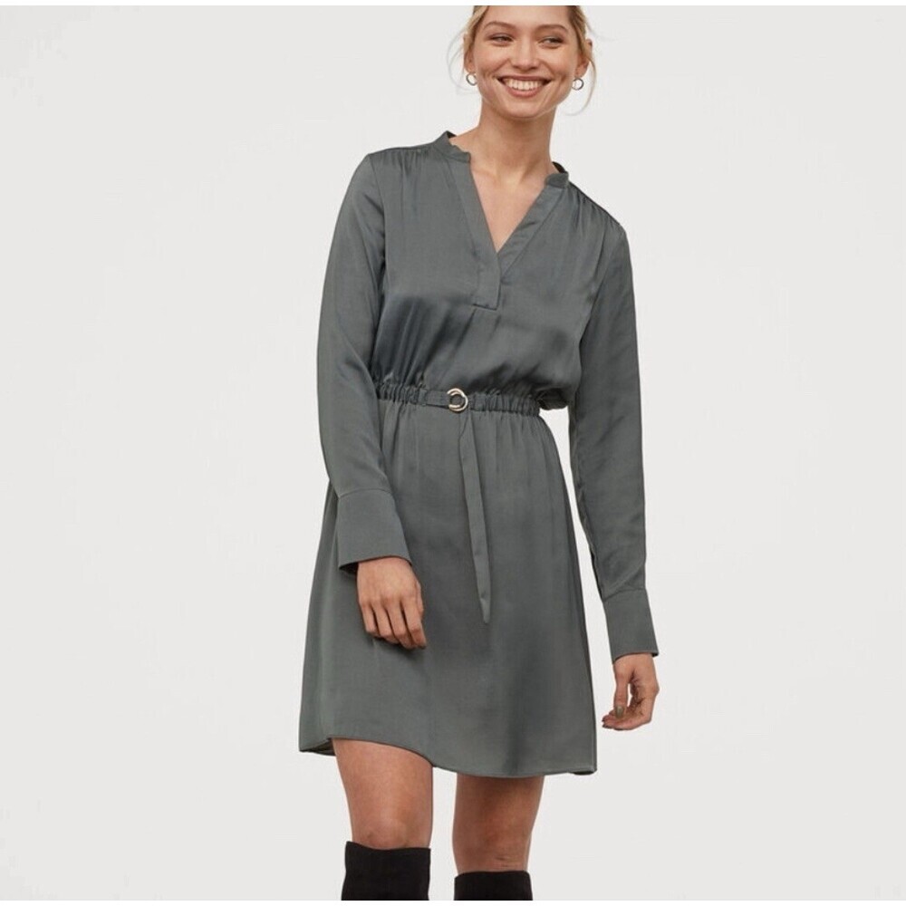 H&M Satin Shirt Dress Belted Green - Size XS